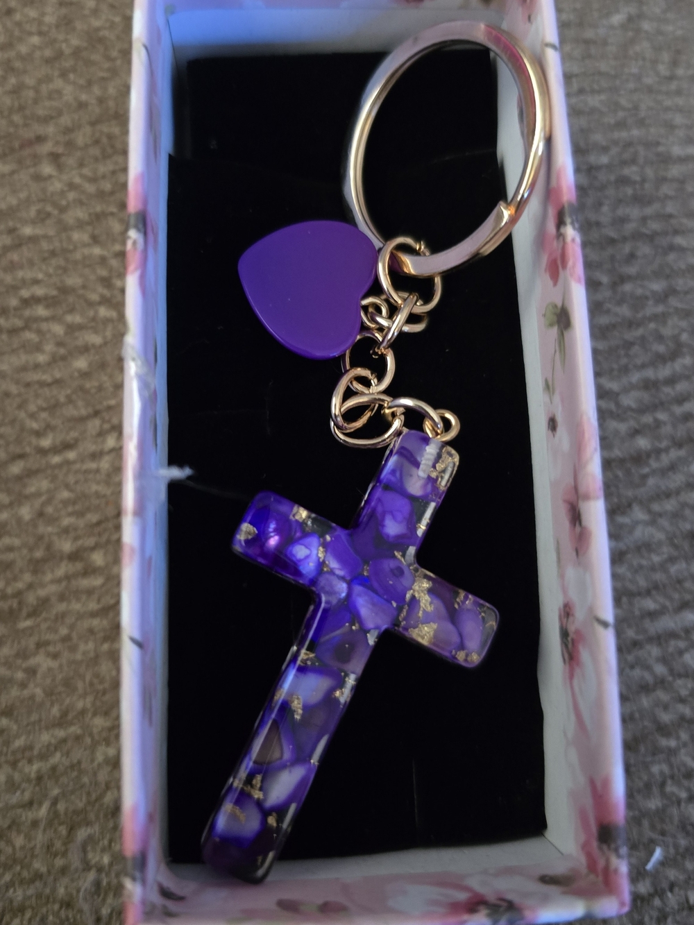 Purple Cross and Heart Keychain with Gold-Tone Hardware - Women Accessories